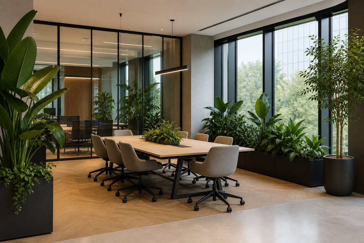 Premium office meeting room with integrated indoor greenery
